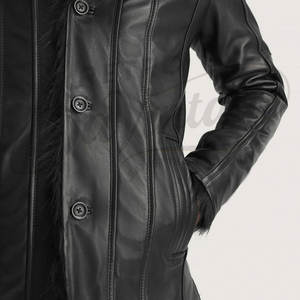 Abrigo de Cuero Negro para Hombre con Cuello de Piel Sintética, Chaqueta Larga Estilo Shearling para Invierno, Corte Entallado, Informal y Elegante - Product Image 6