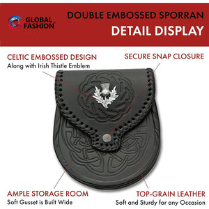 8 Inch Double Embossed Sporran Cowhide Leather <b>Pouch</b> with 3 Tassels with Chain Belt for <b>Men</b> Costume Accessories - Product Image 3