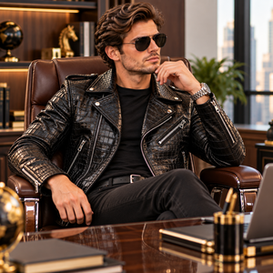 Veste de motard en cuir véritable pour homme |   Veste de moto d'hiver respirante en soie gaufrée de luxe avec ceinture et fermeture éclair - Product Image 5