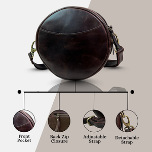 Bolso Bandolera Mini de Cuero Genuino Ligero y Duradero para Mujer |   Bolso de hombro de diseño redondo moderno con correa ajustable y bolsillo con cremallera - Product Image 4