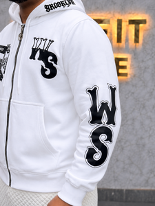 White <b>Zip</b> Up <b>Hoodie</b> Men Cotton Knitted Streetwear Hooded Sweatshirt With Print Design And Kangaroo <b>Pocket</b> Oversized Fit <b>Hoodie</b> - Product Image 3