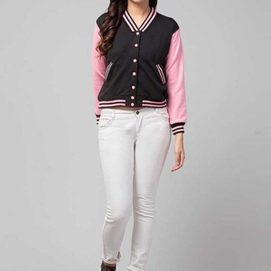 Chaqueta universitaria rosa y negra para mujer, manga larga, cuello en V, con botones, ribete en contraste, ropa exterior informal de otoño - Product Image 4