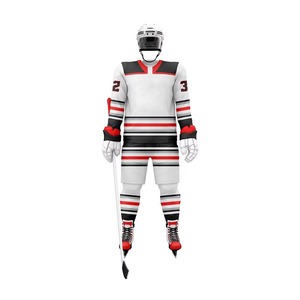 Custom Ice Hockey Uniform Set <b>White</b> Red Black Multi Stripe Design Sublimation Printed Jersey Pants <b>Socks</b> Gloves Full Kit OEM - Product Image 2