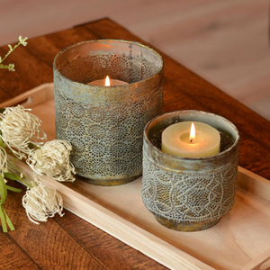 Moroccan Votive Holder <b>Set</b> of 2 Lattice Work Intricated Perforated Patterns <b>Grey</b> Patina Over Antique Gold Votive Holder - Product Image 2