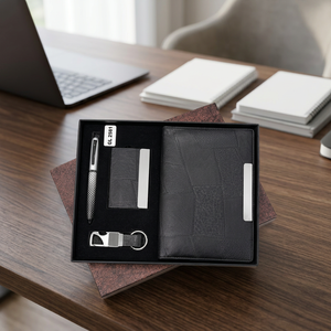 Ensemble cadeau d'entreprise élégant 4-en-1 : carnet A5, stylo à bille magnétique, porte-cartes, porte-clés en similicuir - Personnalisation du logo - Product Image 5