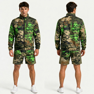 Conjunto Deportivo Unisex de Chaqueta y Pantalones Cortos con Estampado de Camuflaje, Traje Deportivo con Cierre, Ropa Deportiva para Gimnasio, Entrenamiento, Poliéster/Algodón - Product Image 5