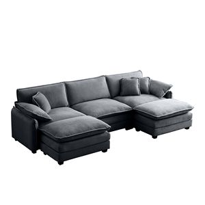 Divano Modulare a U Oversize a 3 Posti con Pouf Convertibili in Tessuto Corduroy Grigio, 2 Poggiapiedi, Comodo per il Soggiorno - Product Image 5