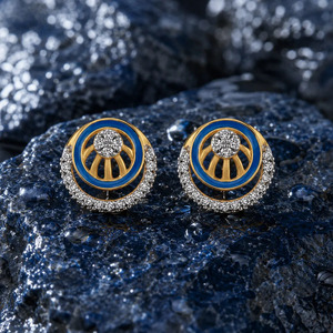 Golden <b>Blue</b> Enamel Circle Diamond <b>Stud</b> <b>Earrings</b> - Product Image 3