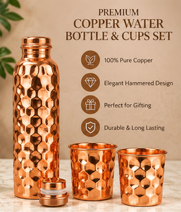 Ensemble cadeau de bouteille d'eau en cuivre martelé artisanal de qualité supérieure avec 2 gobelets, bouchon en liège anti-fuite, boîte cadeau, ensemble de 1L - Product Image 4