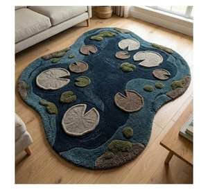 Tapis 3D tufté à la main, forme irrégulière, motif bassin avec nénuphar, tapis de sol en forme personnalisée, motif mousse, pour salon, tapis paysager doux de qualité supérieure - Product Image 1