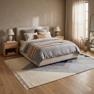 Tapis géométrique moderne gris ivoire noir à motifs losanges superposés, avec franges, antidérapant, écologique, tufté à la main, en laine épaisse, moyen - Product Image 3