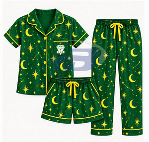 Conjunto de Pijama de Satén Personalizado para Mujer de la Hermandad Chi Eta Phi, 3 Piezas, Camiseta de Manga Corta, Pantalones Cortos, Estampado de Luna y Estrellas, Lindo Conjunto de Dormir CEPhi - Product Image 1