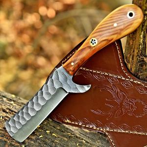 Hand Forged Carbon Steel Cowboy Bull Cutter Knife Bevel Edge Custom OEM Full Tang Fixed Blade Olive Wood Handle Leather Sheath - Product Image 1
