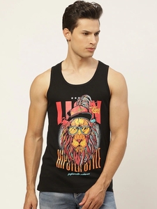 Camiseta sin Mangas Negra para Hombre con Estampado Gráfico de León, Cuello Redondo, Estilo Casual, 100% Algodón, Transpirable - Product Image 4