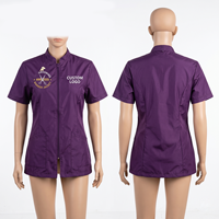 Chaqueta de Barbería para Mujer, 180 GSM, Poliéster y Spandex Premium, Color Morado, Cierre Frontal, Diseño de Paneles Laterales, Logotipo Personalizado con Bordado e Impresión