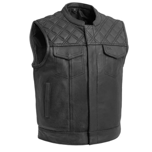 Gilet moto en cuir véritable pour homme, col montant, fermeture éclair, couleur unie, design matelassé, style automne - Product Image 1