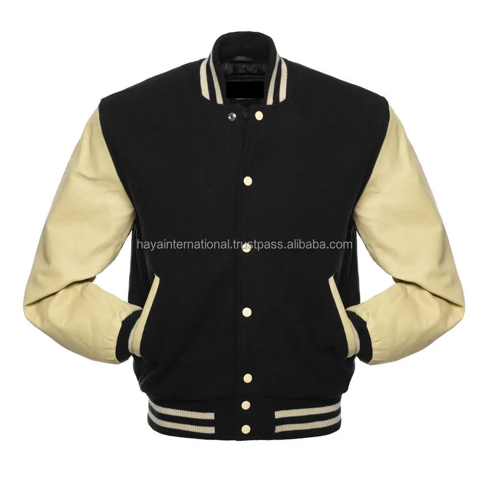 Outdoor Softshell Windbreaker Black Wool & Natural Cream Genuine Leather Varsity Casual Jacket