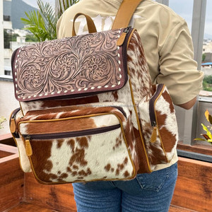 Personalized Tan Hair on Hide <b>Tooled</b> <b>Leather</b> Oversized Diaper Bag Western Handmade Cowhide <b>Leather</b> Travel Backpack for Women's - Product Image 2