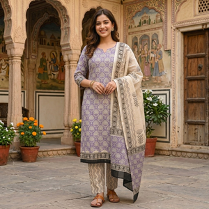 Traje Indio de Algodón con Estampado Floral en Crema, Beige y Morado |   Ropa Étnica Femenina de Alta Calidad con Estampado a Mano |   Conjunto Elegante e Informal de Boutique - Product Image 2