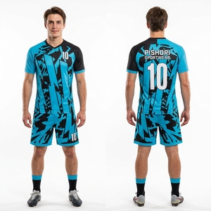 Uniforme de football personnalisé en polyester cyan noir avec impression graphique angulaire et short assorti - Product Image 1