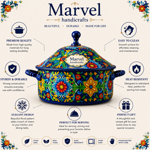 หม้อเคลือบลายดอกไม้สีน้ำเงิน Marvel Handicrafts พร้อมฝาปิด หม้อเสิร์ฟพรีเมียม ทนความร้อน อุ่นอาหาร ใช้ในครัว รับประทานอาหาร งานเทศกาล - Product Image 5