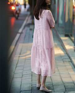 Women Solid Color Cotton Maxi Dress Regular Fit Casual Summer Dress Short Sleeve Button Back Sweet Natural Plain Dyed - Product Image 2