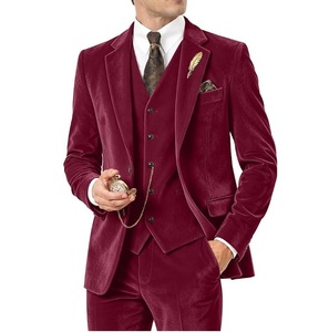 Costume trois pièces en velours bordeaux pour homme, style britannique, costumes d'affaires et costume homme à simple boutonnage, costume de marié en velours - Product Image 1