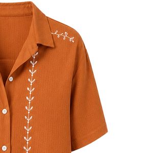 Camisa Corta Bordada Color Naranja Quemado para Mujer, Blusa Casual de Verano con Botones, Mezcla de Lino, Logotipo Personalizado, Top de Moda - Product Image 4