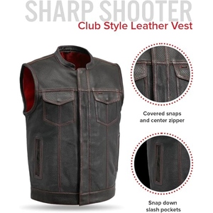 Gilet de club de motard en cuir de vachette véritable perforé sur mesure avec surpiqûres rouges, dissimulé, OEM ODM - Product Image 5