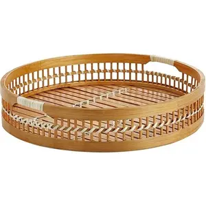 越南最畅销的带手柄的竹制圆形托盘，带碗碟，价格优惠