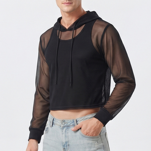 Men's Black Sheer Mesh Hoodie Crop Long Sleeve <b>Fishnet</b> Mesh Hoodies Men 100% Polyester Beachwear Mesh Hoodies Mens - Product Image 2
