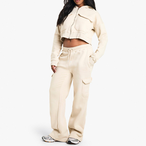 Custom Women's Winter Solid Hooded Cargo Tracksuit <b>Set</b> High Neck Crop Top and <b>Joggers</b> 2 Piece <b>Matching</b> Pockets Casual Outfit - Product Image 2