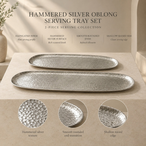 Elegant Silver Aluminium Oval Serving Tray Hammered Textured Design with Raised Rim | Decorative Dining Table Serveware <b>Platter</b> - Product Image 5