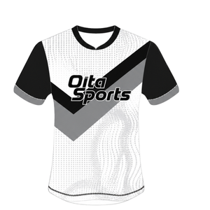 Maillot de rugby à manches courtes noir, blanc et gris, col rond, imprimé, performance athlétique, vêtements de sport d'équipe, entraînement, match, maillot de rugby - Product Image 1