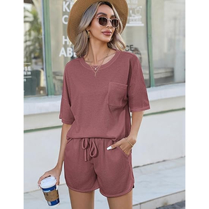 Conjunto de Verano para Mujer, Camiseta Holgada y Pantalones Cortos de Punto Waffle, Venta al Por Mayor - Product Image 4