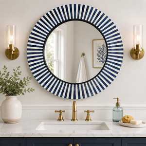 High Quality Antique Bone Inlay Round Pattern With Blue <b>White</b> Stripe <b>Mirror</b> Frame Furniture for Living Room Unique Wall Decor - Product Image 6