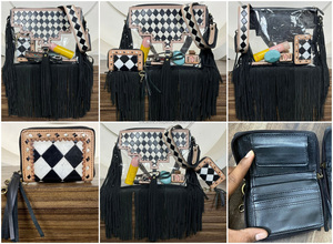 Bolso bandolera con flecos transparentes de PVC occidental de moda y conjunto de monedero con diseño de cuero a cuadros blanco y negro para mujer - Product Image 3