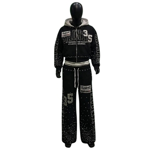 Custom Men's Rhinestone Hoodie and Sweatpants Set Full Zip Graphic Tracksuit Cotton Fleece Jogger Set Streetwear OEM ODM - Product Image 3