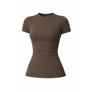 Solid Color Crew Neck Short Sleeve T-Shirt <b>Seamless</b> Spandex Cotton Women's Activewear Top Mid Waist Fit - Product Image 4