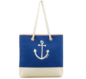 Sac fourre-tout en toile bleue avec imprimé ancre blanche, poignée en corde, grande taille, sac de plage et de shopping - Product Image 1
