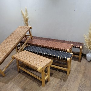 Banc long marocain fait main en bois massif, tabouret berbère, mobilier de chambre moderne - Product Image 4