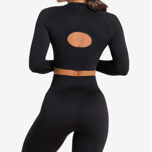 Ensemble de yoga sans couture pour femme, vêtements de sport respirants, haut court à manches longues et leggings taille haute pour fitness et entraînement - Product Image 3