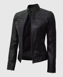 Chaqueta de Motociclista de Cuero Genuino Negro para Hombre, Cuello Alto, Cierre de Cremallera, Corte Ajustado, Estilo Motero, Múltiples Bolsillos, Alta Calidad - Product Image 3