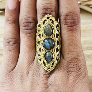 Trendy Latest Boho Brass <b>Rings</b> For Women 18K Gold Plated <b>Chunky</b> Statement Vintage Filigree Labradorite <b>Ring</b> Wholesale <b>Ring</b> - Product Image 4