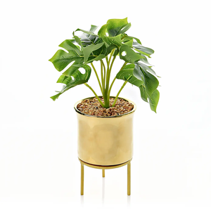 Pot de fleurs moderne en métal doré avec support, plante artificielle Monstera de luxe, pot de fleurs rond en laiton décoratif pour la décoration intérieure - Product Image 4