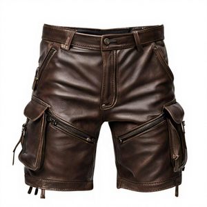 Men's Brown Leather Cargo Shorts With Zipper Pockets Mid Waist Workwear Style Bermuda Shorts - Product Image 1
