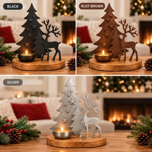 Ensemble d'objets décoratifs de Noël en métal, sapin et rennes, avec porte-bougie, ornement de table rustique pour les fêtes, thème hiver - Product Image 3
