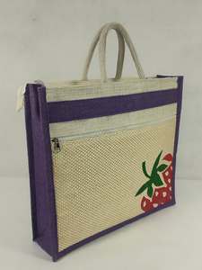 Jute Shopping <b>Tote</b> <b>Bag</b> <b>with</b> Front Zipper Pocket and Cartoon Print Reusable Eco-Friendly Wedding Gift <b>Bag</b> - Product Image 2