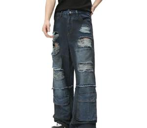 Men's Distressed Ripped Cargo <b>Denim</b> Jeans High Waist Loose Fit Cotton Woven Fabric Hip Hop Style Autumn Wear - Product Image 1