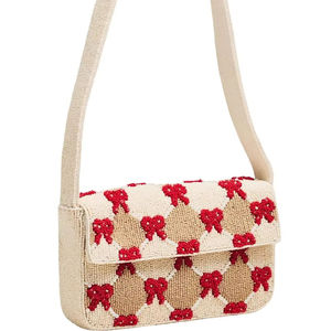 Handmade Beaded Crossbody Bag With <b>Red</b> <b>Bow</b> Pattern Canvas Embroidery Craft Artistic Rectangular Shape Purse - Product Image 1